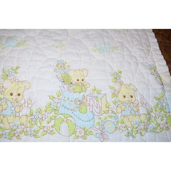 Vtg Baby Blanket Crib Quilted  42x32 Teddy Bears Satin trim Blocks beach balls - Picture 4 of 11